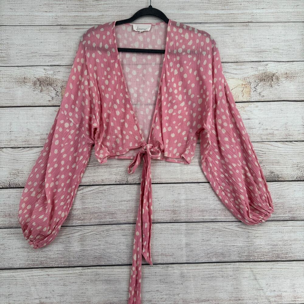 Anthropologie Long Sleeve Tie Front Kimono Womens One Size‎ Pink Cream Dot